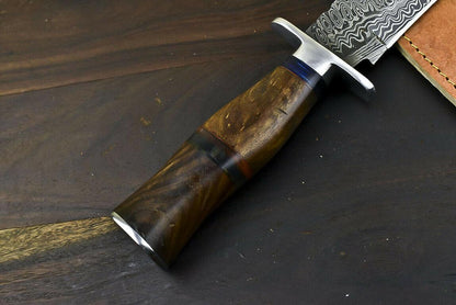 14.5" Damascus Steel Bowie Knife with Walnut Wood Handle Handmade