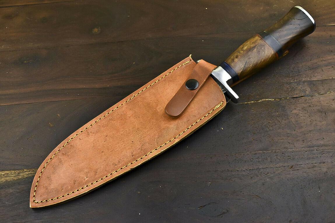 14.5" Damascus Steel Bowie Knife with Walnut Wood Handle Handmade