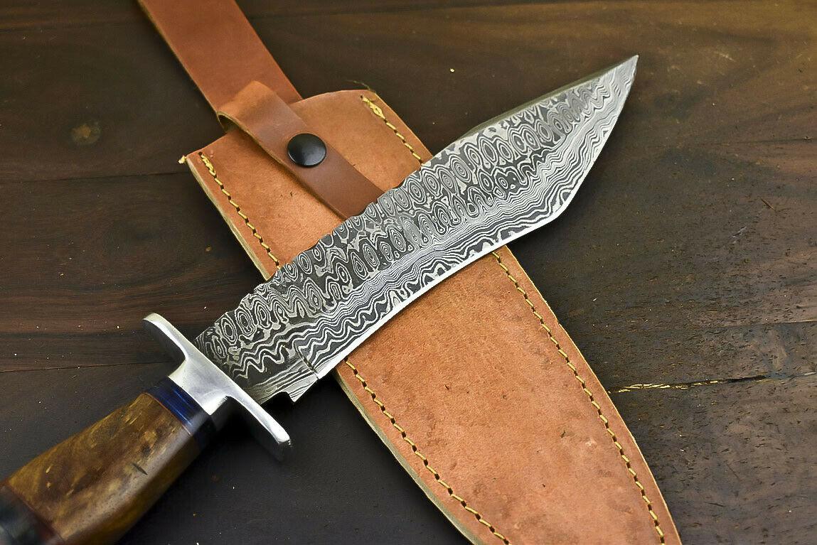 14.5" Damascus Steel Bowie Knife with Walnut Wood Handle Handmade