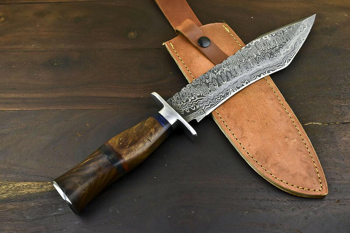 14.5" Damascus Steel Bowie Knife with Walnut Wood Handle Handmade