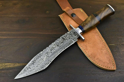 14.5" Damascus Steel Bowie Knife with Walnut Wood Handle Handmade