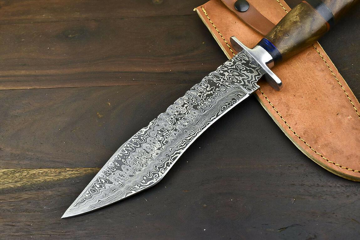 14.5" Damascus Steel Bowie Knife with Walnut Wood Handle Handmade