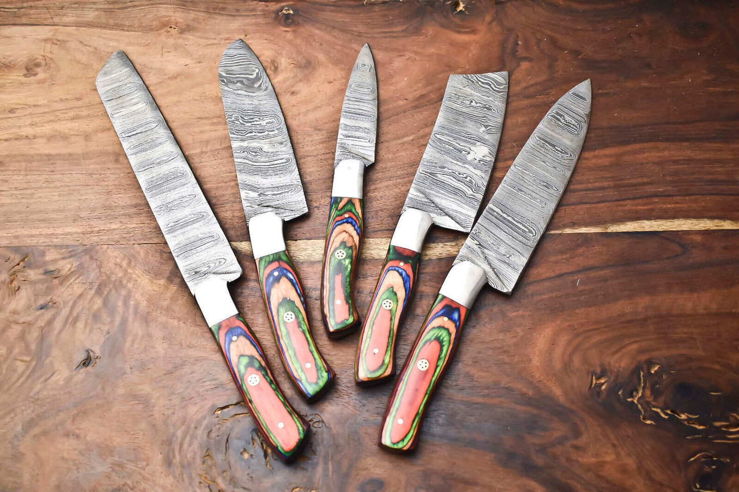 Custom Lot of 5 Handmade Hammered Damascus Steel Chef Knife Set – 384 Layer Real Forged Blades