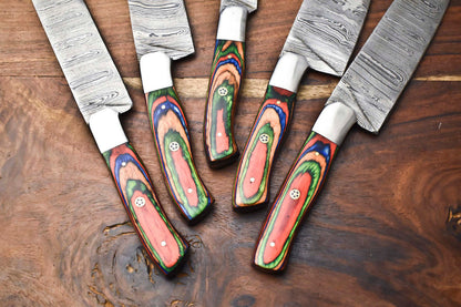 Custom Lot of 5 Handmade Hammered Damascus Steel Chef Knife Set – 384 Layer Real Forged Blades