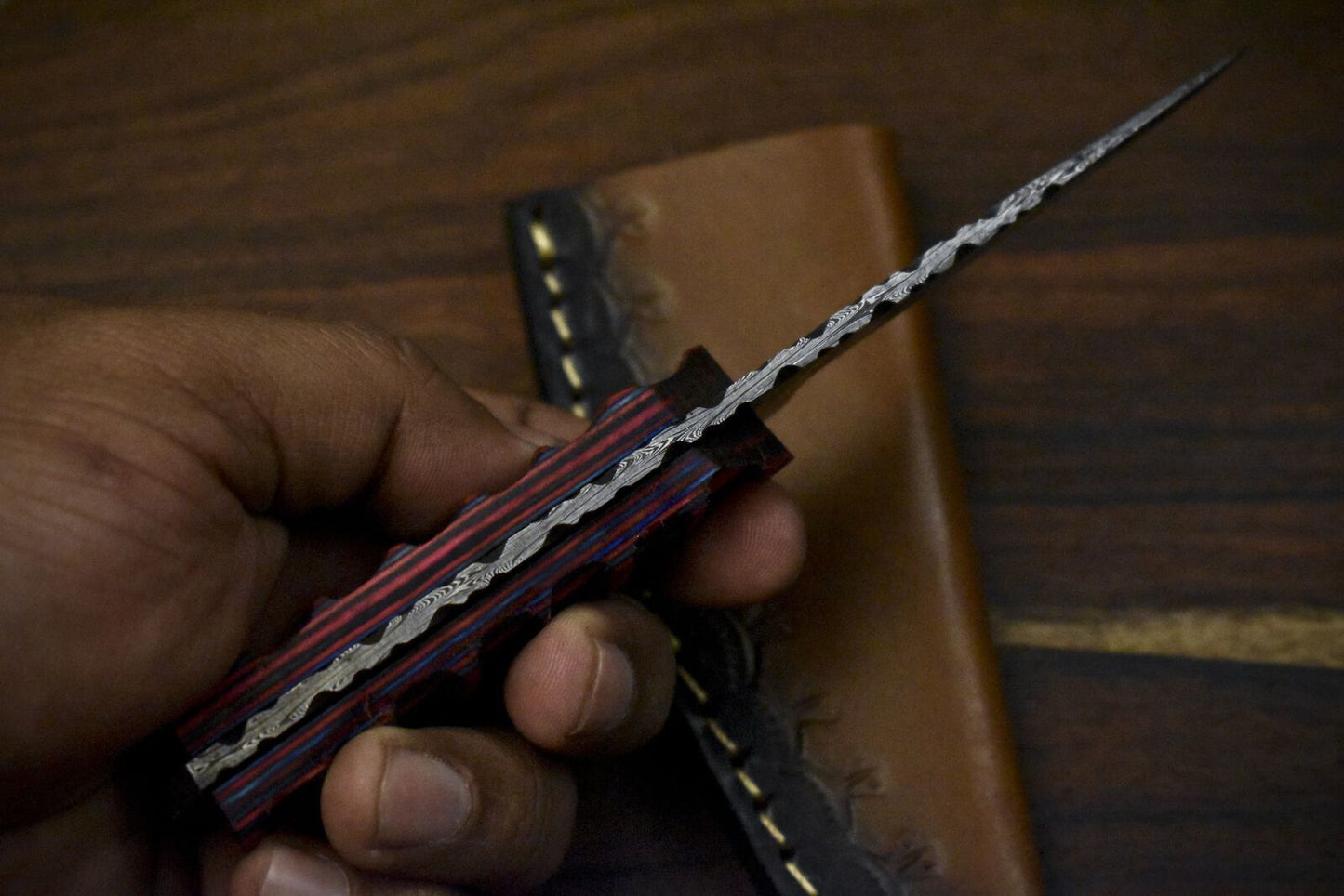 7.5" Twist Damascus Skinner Knife Hard Wood Handle Custom Handmade EDC