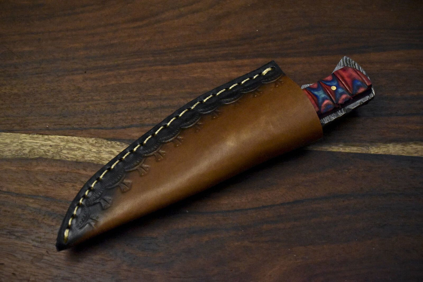 7.5" Twist Damascus Skinner Knife Hard Wood Handle Custom Handmade EDC