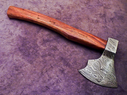 Handmade Damascus Steel Axe Limited Edition Unique Collectible with Natural Wood Handle and Leather Sheath