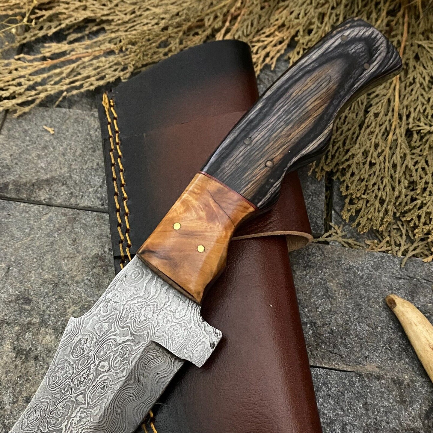Heritage Forge 11 Inch Handmade Damascus Steel Tracker Hunting Knife with Wooden Handle