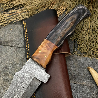 Heritage Forge 11 Inch Handmade Damascus Steel Tracker Hunting Knife with Wooden Handle