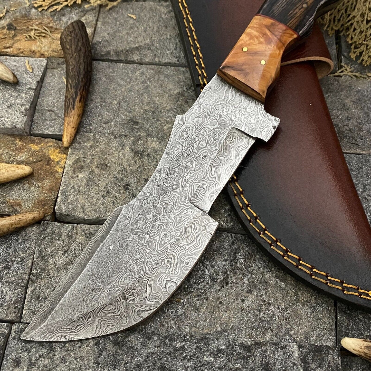 Heritage Forge 11 Inch Handmade Damascus Steel Tracker Hunting Knife with Wooden Handle