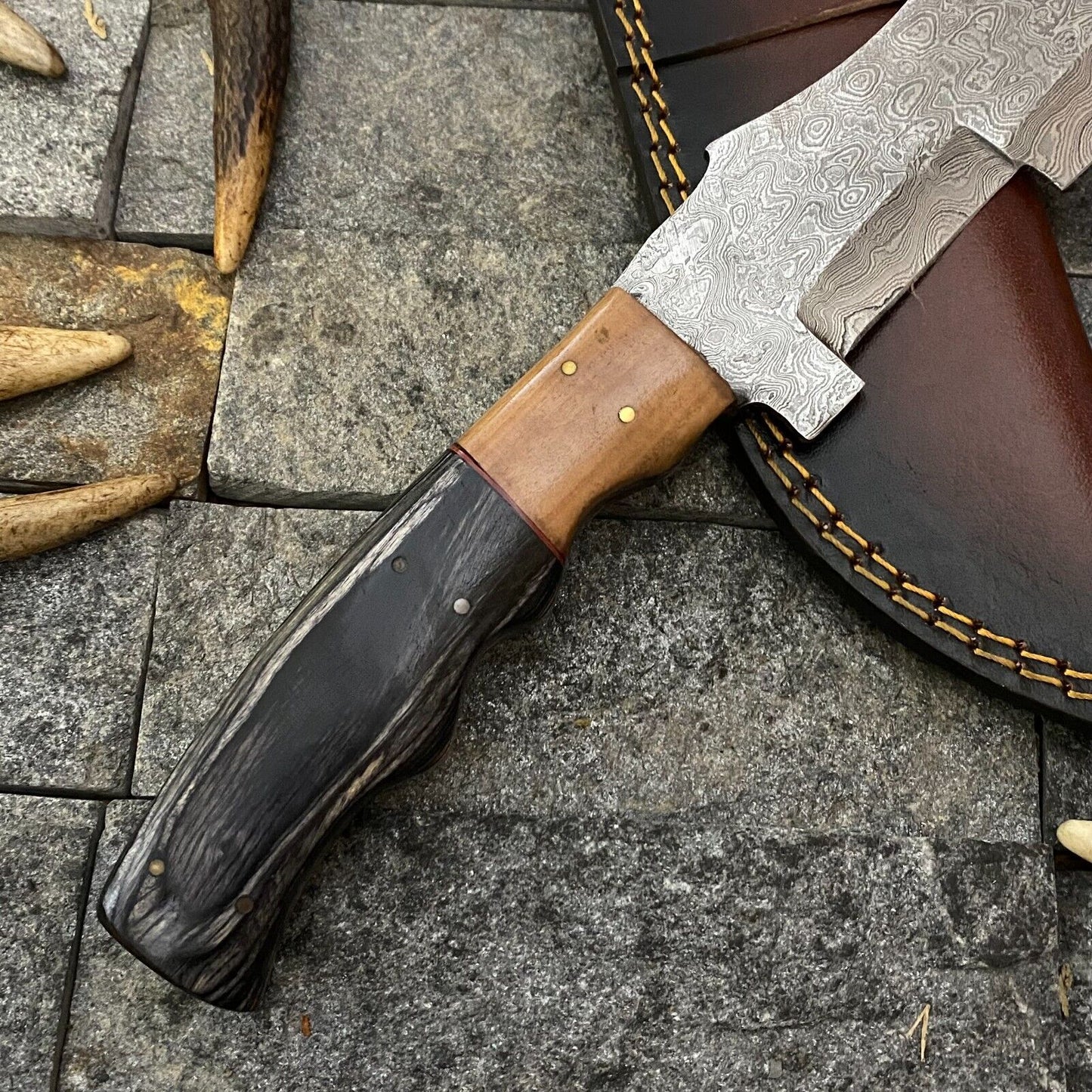 Heritage Forge 11 Inch Handmade Damascus Steel Tracker Hunting Knife with Wooden Handle