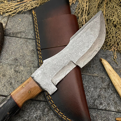 Heritage Forge 11 Inch Handmade Damascus Steel Tracker Hunting Knife with Wooden Handle
