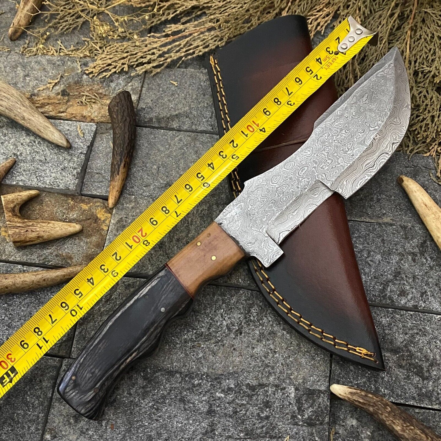 Heritage Forge 11 Inch Handmade Damascus Steel Tracker Hunting Knife with Wooden Handle