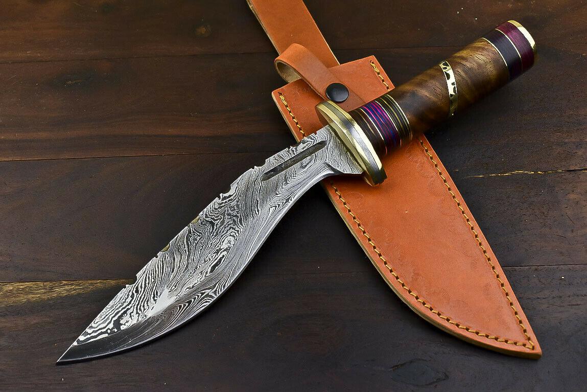 13.7" Damascus Steel Tactical Bowie Knife with Walnut Wood Handle