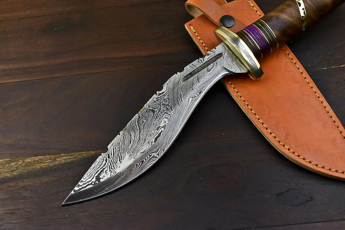 13.7" Damascus Steel Tactical Bowie Knife with Walnut Wood Handle