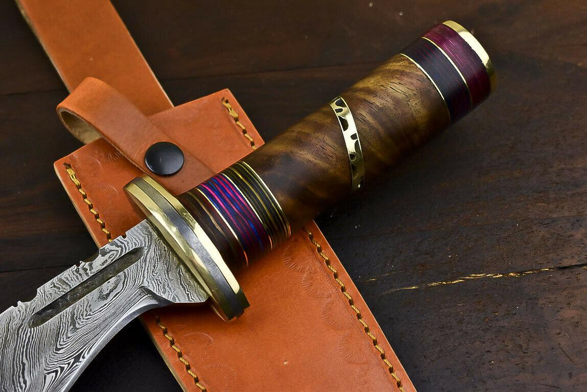 13.7" Damascus Steel Tactical Bowie Knife with Walnut Wood Handle
