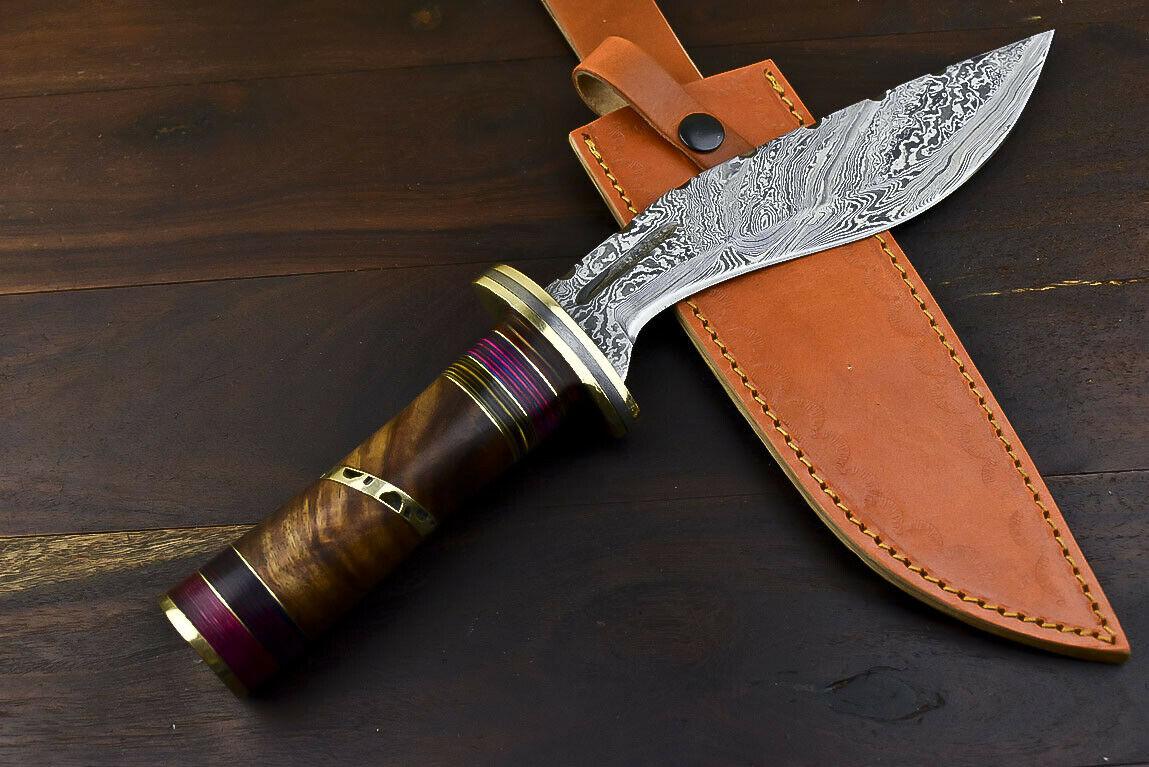 13.7" Damascus Steel Tactical Bowie Knife with Walnut Wood Handle