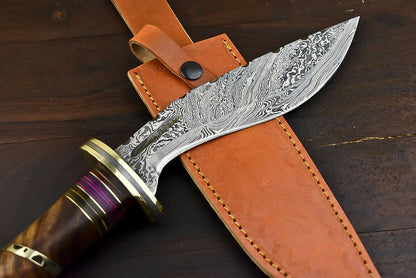 13.7" Damascus Steel Tactical Bowie Knife with Walnut Wood Handle