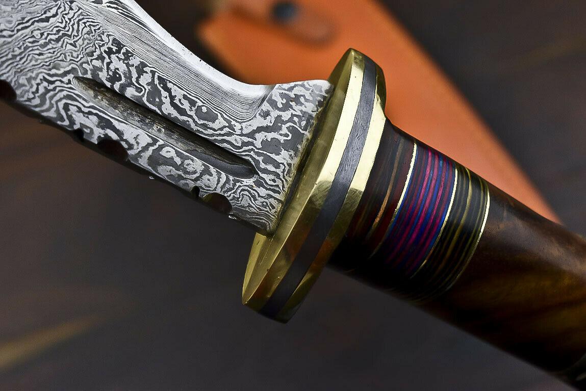 13.7" Damascus Steel Tactical Bowie Knife with Walnut Wood Handle