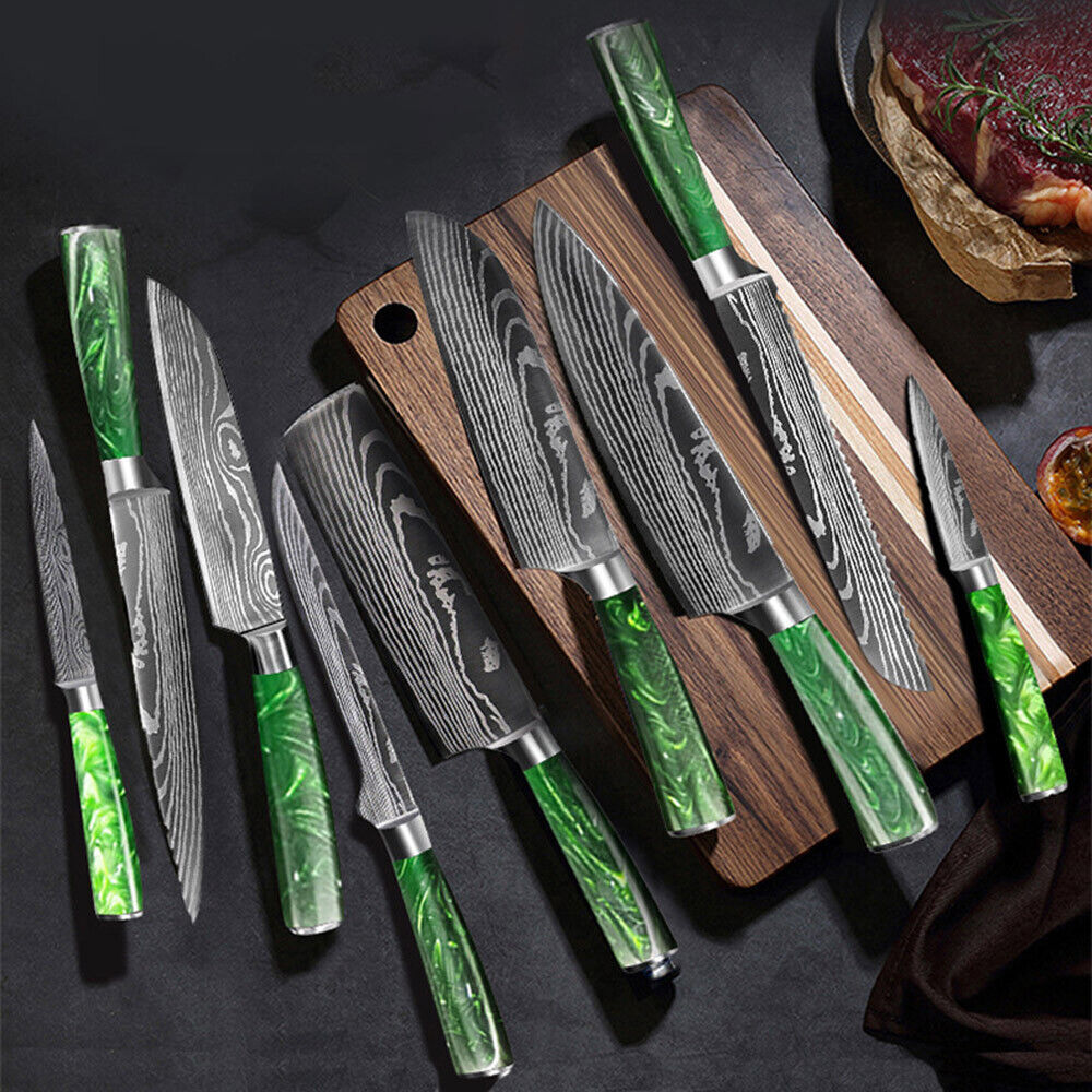 Green 2PC Japanese Style Kitchen Knife Set – Laser Damascus Pattern Chef Knives with Scabbard
