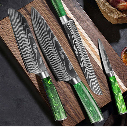 Green 2PC Japanese Style Kitchen Knife Set – Laser Damascus Pattern Chef Knives with Scabbard