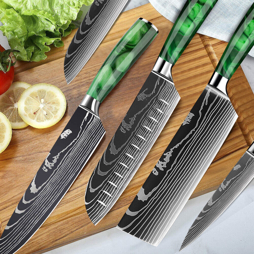 2PC Japanese Chef Knife Set Laser Damascus Pattern with Scabbard – Green