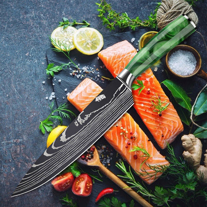 2PC Japanese Chef Knife Set Laser Damascus Pattern with Scabbard – Green