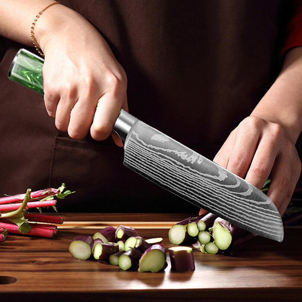 2PC Japanese Chef Knife Set Laser Damascus Pattern with Scabbard – Green