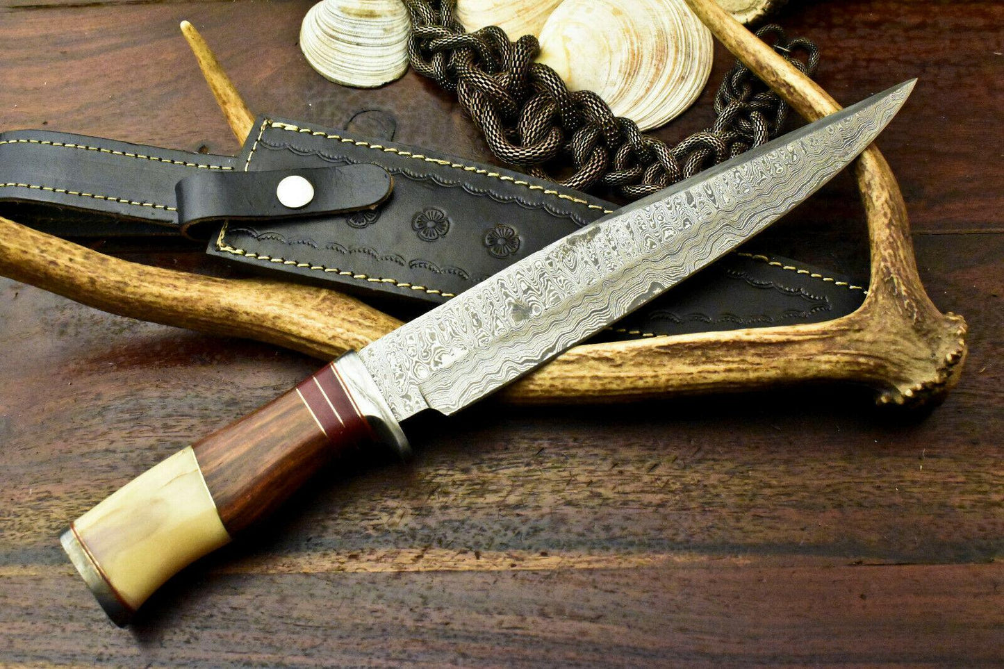 15" Damascus Bowie Knife | Camel Bone & Walnut Masterpiece