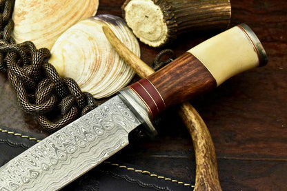 15" Damascus Bowie Knife | Camel Bone & Walnut Masterpiece