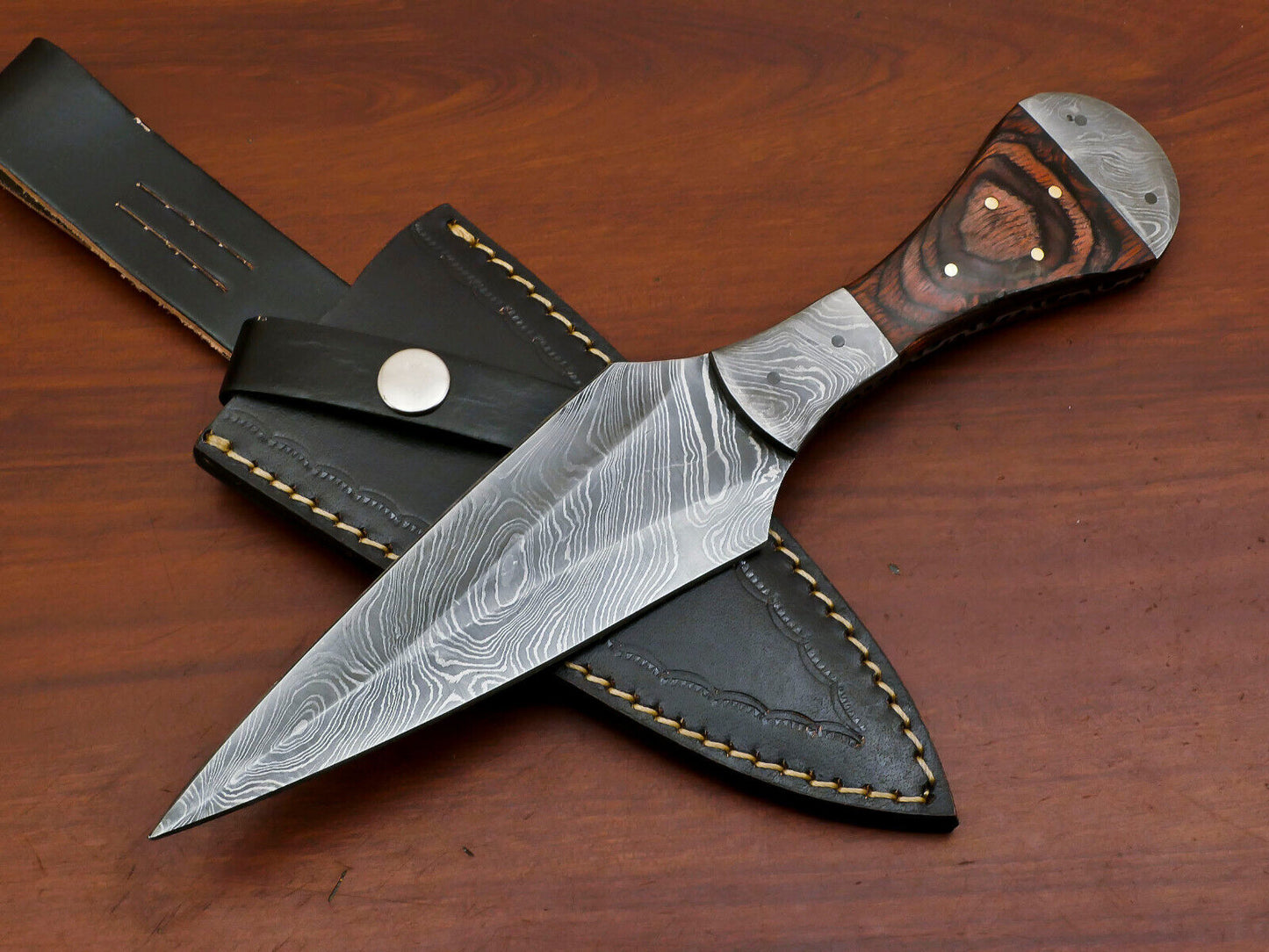 Custom Handmade 8" Damascus Boot Bowie Knife with Pakka Wood Handle & Leather Sheath