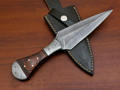 Custom Handmade 8" Damascus Boot Bowie Knife with Pakka Wood Handle & Leather Sheath