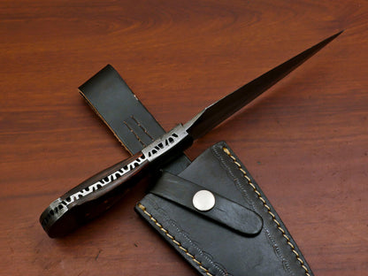 Custom Handmade 8" Damascus Boot Bowie Knife with Pakka Wood Handle & Leather Sheath