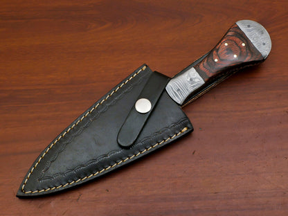Custom Handmade 8" Damascus Boot Bowie Knife with Pakka Wood Handle & Leather Sheath