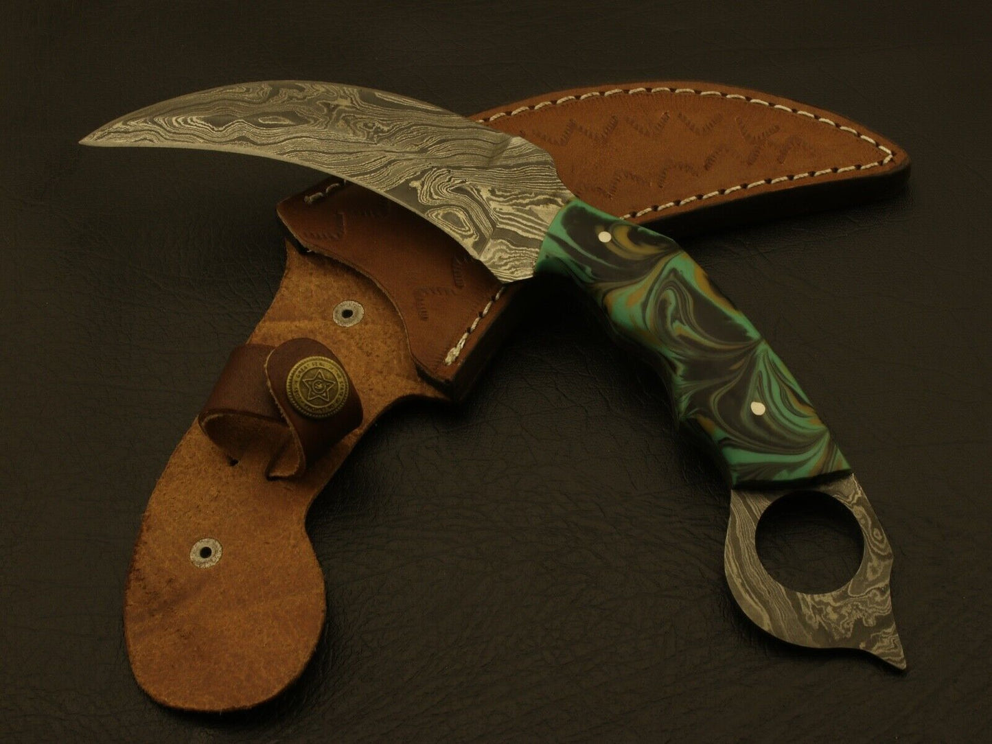 9” Handmade Damascus Karambit Knife Best Karambit With Resin Handle & Damascus Bolsters