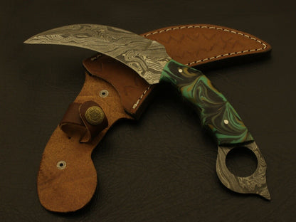 9” Handmade Damascus Karambit Knife Best Karambit With Resin Handle & Damascus Bolsters