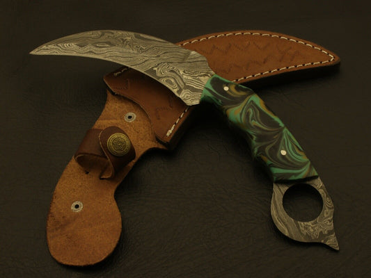 9” Handmade Damascus Karambit Knife Best Karambit With Resin Handle & Damascus Bolsters
