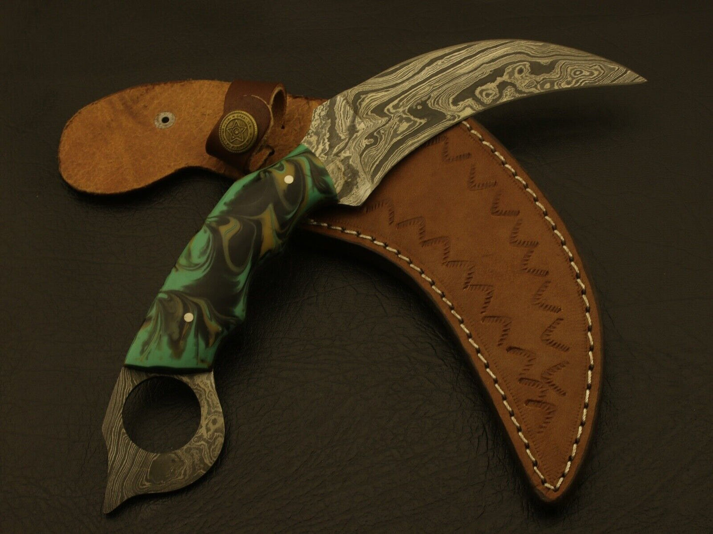 9” Handmade Damascus Karambit Knife Best Karambit With Resin Handle & Damascus Bolsters