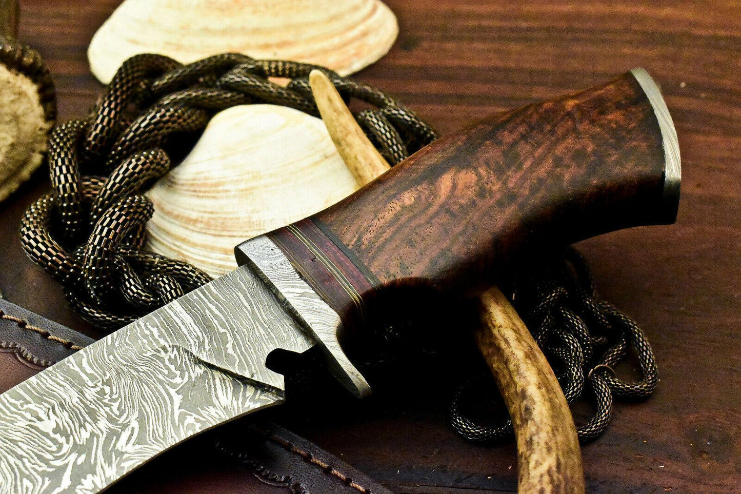14" Handmade Damascus Steel Bowie Knife – Walnut Wood Handle with Leather Sheath