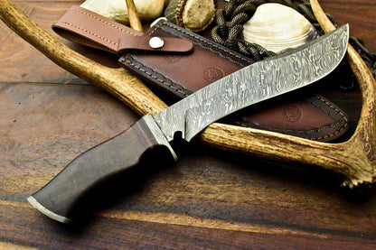14" Handmade Damascus Steel Bowie Knife – Walnut Wood Handle with Leather Sheath