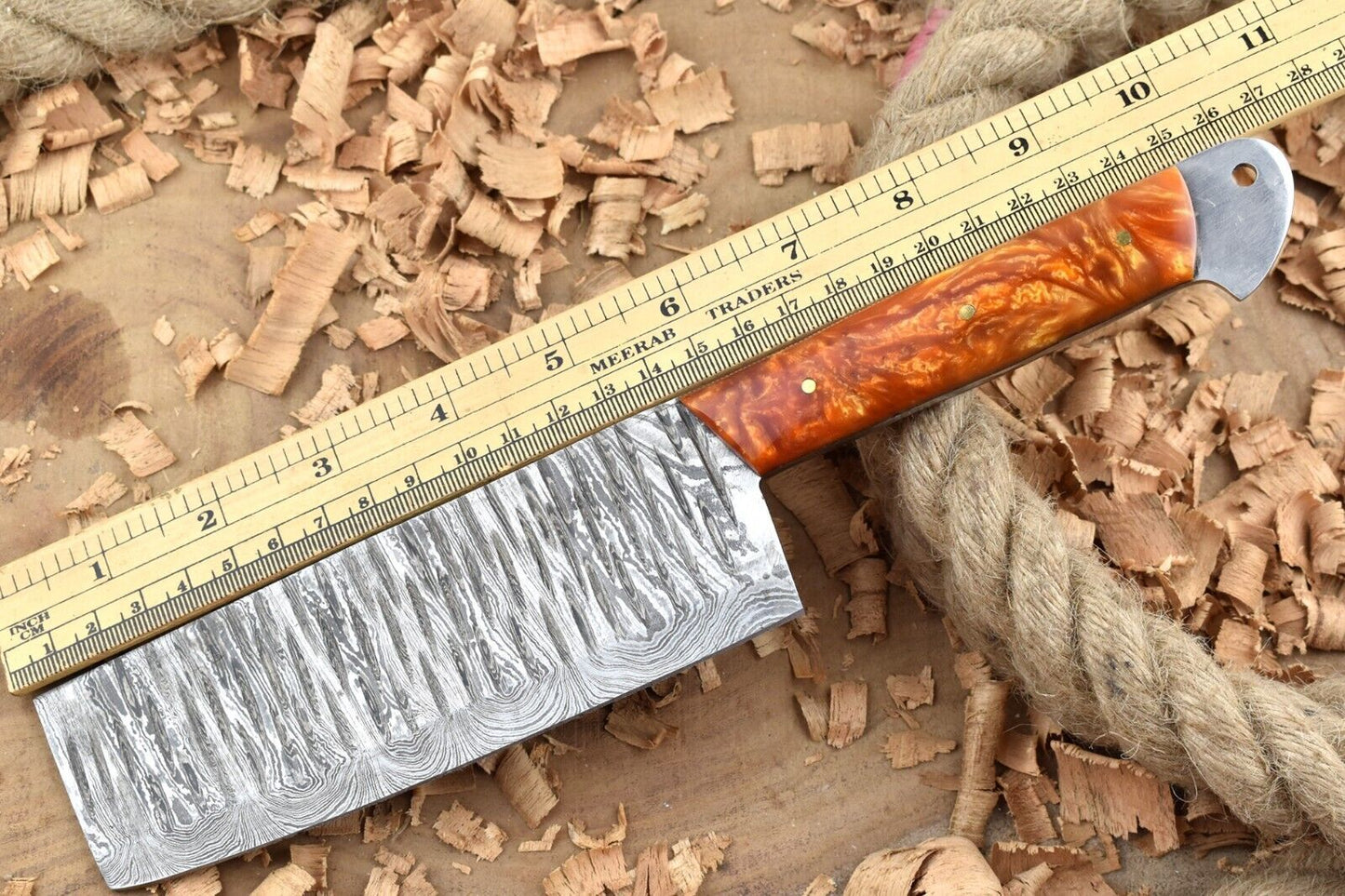 Custom Handmade Damascus Steel Chef Knife – 11" Kitchen Knife with 6" Sharp Blade & Orange Resin Handle