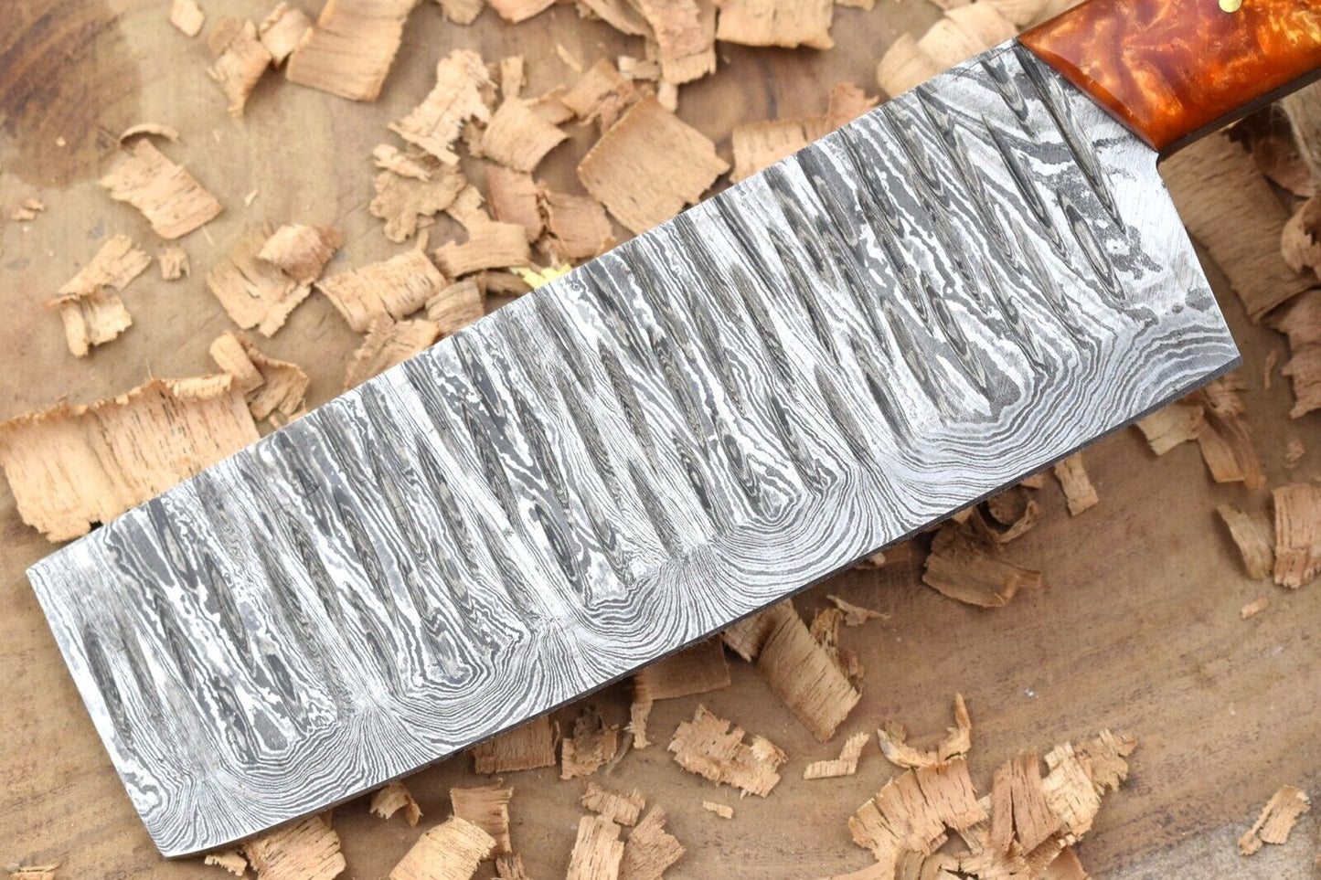 Custom Handmade Damascus Steel Chef Knife – 11" Kitchen Knife with 6" Sharp Blade & Orange Resin Handle