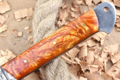 Custom Handmade Damascus Steel Chef Knife – 11" Kitchen Knife with 6" Sharp Blade & Orange Resin Handle