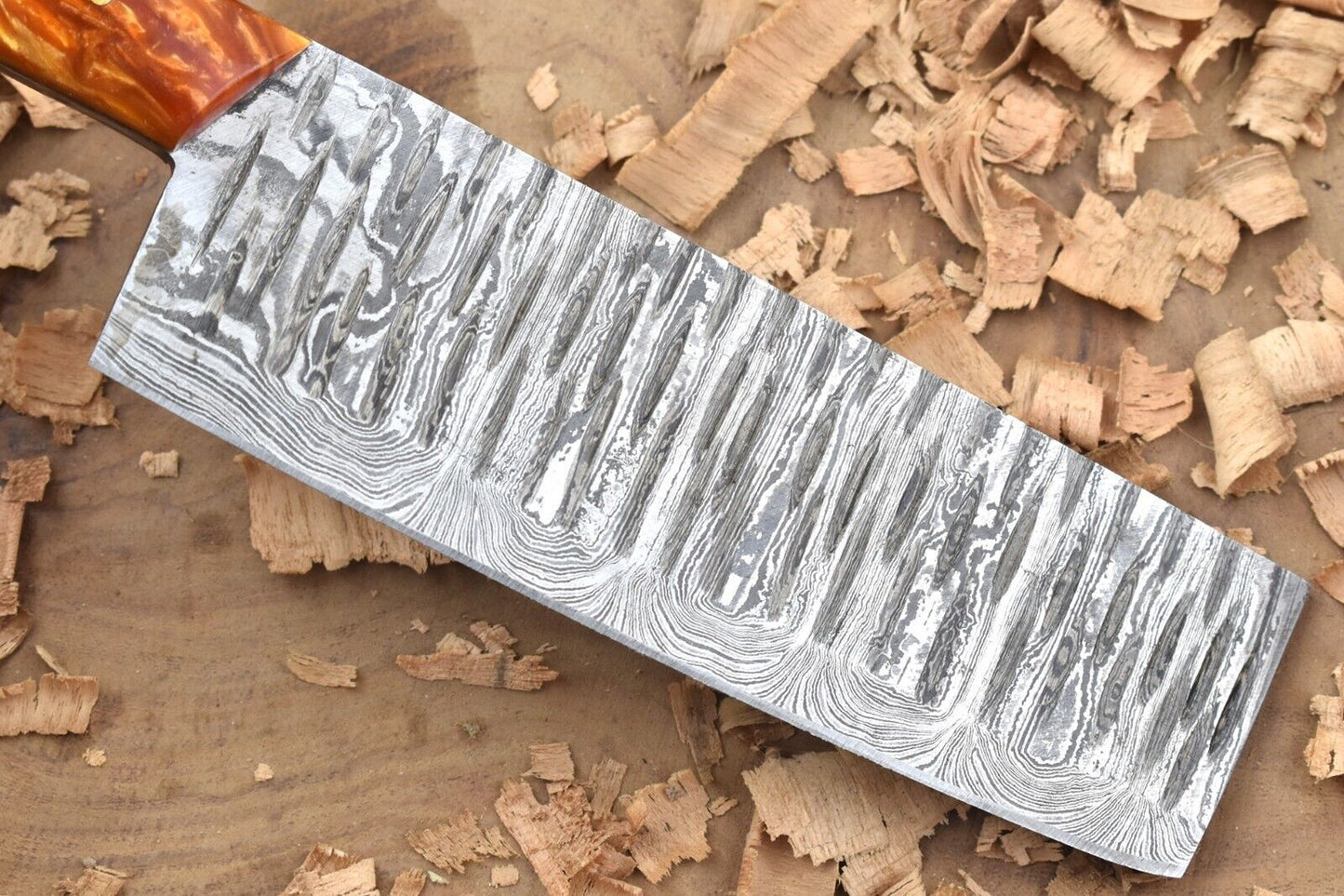 Custom Handmade Damascus Steel Chef Knife – 11" Kitchen Knife with 6" Sharp Blade & Orange Resin Handle