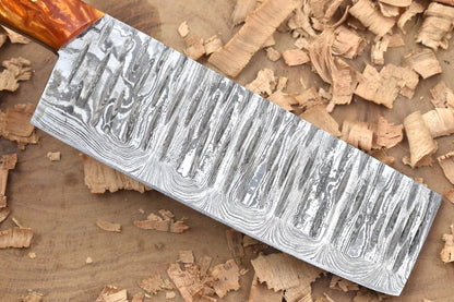 Custom Handmade Damascus Steel Chef Knife – 11" Kitchen Knife with 6" Sharp Blade & Orange Resin Handle