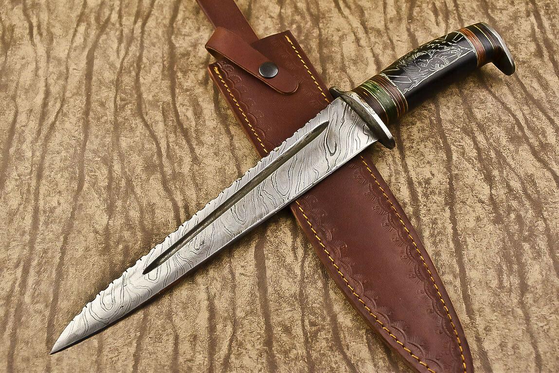 15" Handmade Damascus Steel Bowie Knife – Bull Horn Handle