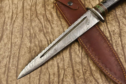 15" Handmade Damascus Steel Bowie Knife – Bull Horn Handle