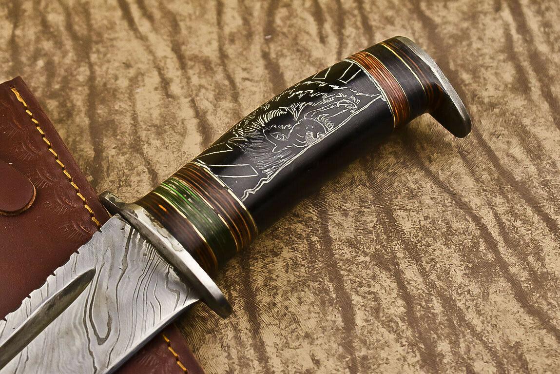 15" Handmade Damascus Steel Bowie Knife – Bull Horn Handle