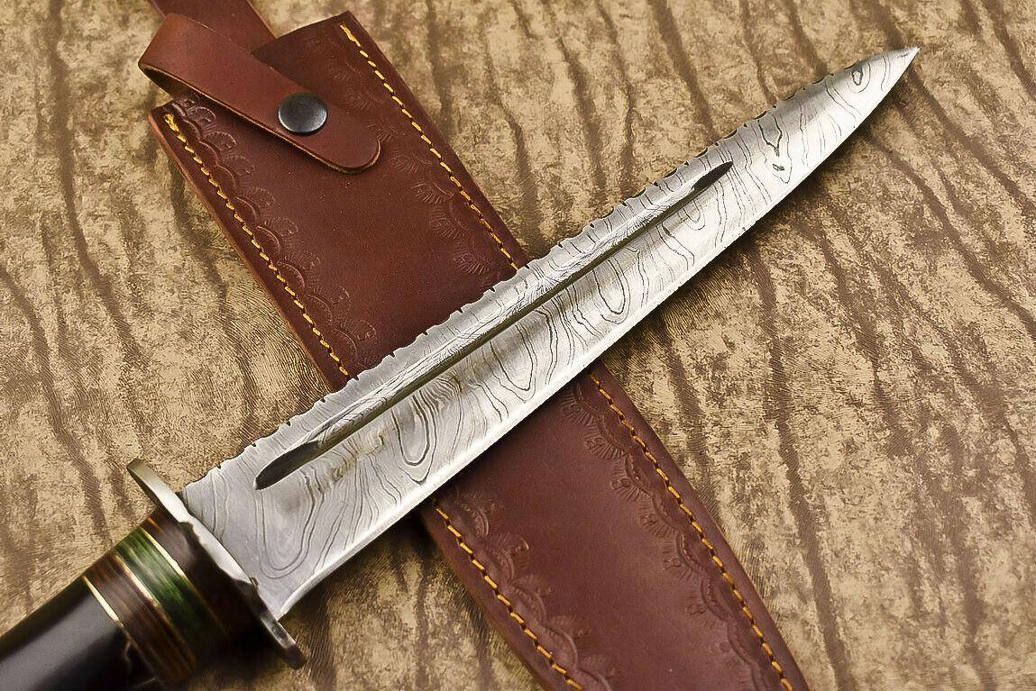 15" Handmade Damascus Steel Bowie Knife – Bull Horn Handle