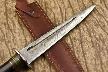 15" Handmade Damascus Steel Bowie Knife – Bull Horn Handle